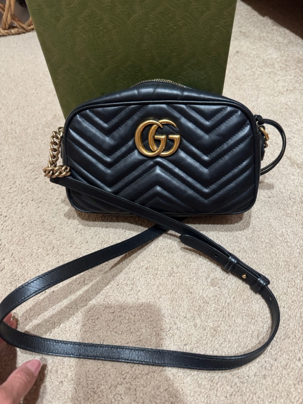 Gucci Black Chevron Leather GG Marmont Crossbody Bag with Gold Hardware